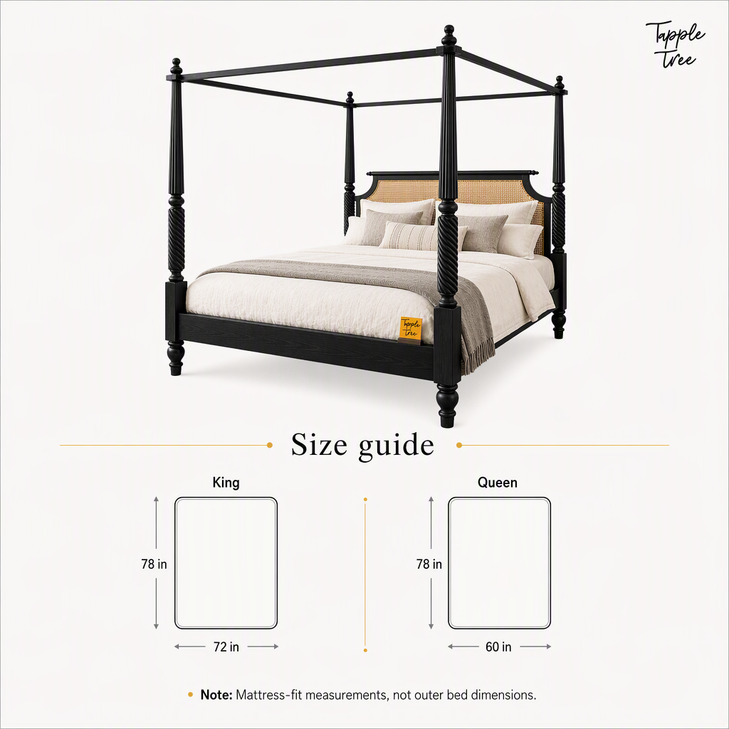 Noir Cane Sheesham Canopy Bed, size guide