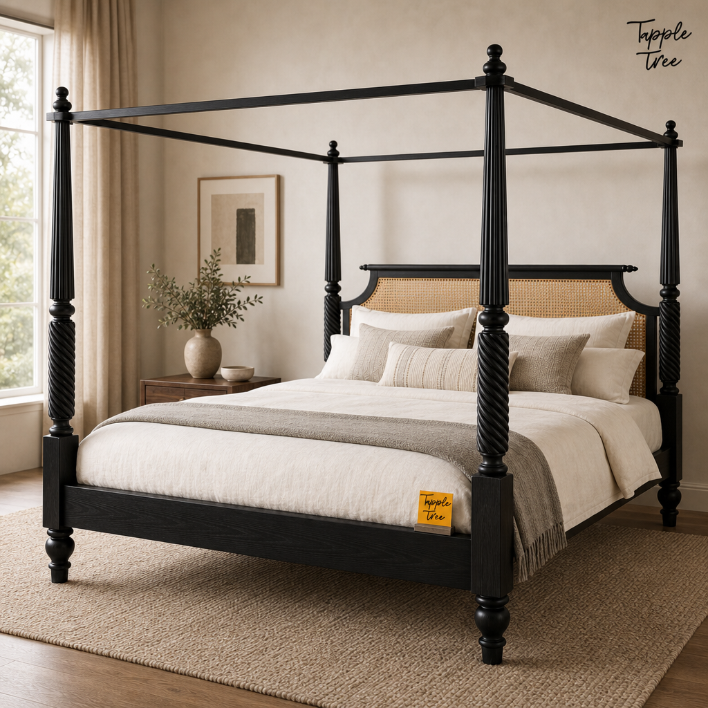 Noir Cane Sheesham Canopy Bed, lifestyle view with a removable Tapple Tree tag resting on the bed and a small corner logo