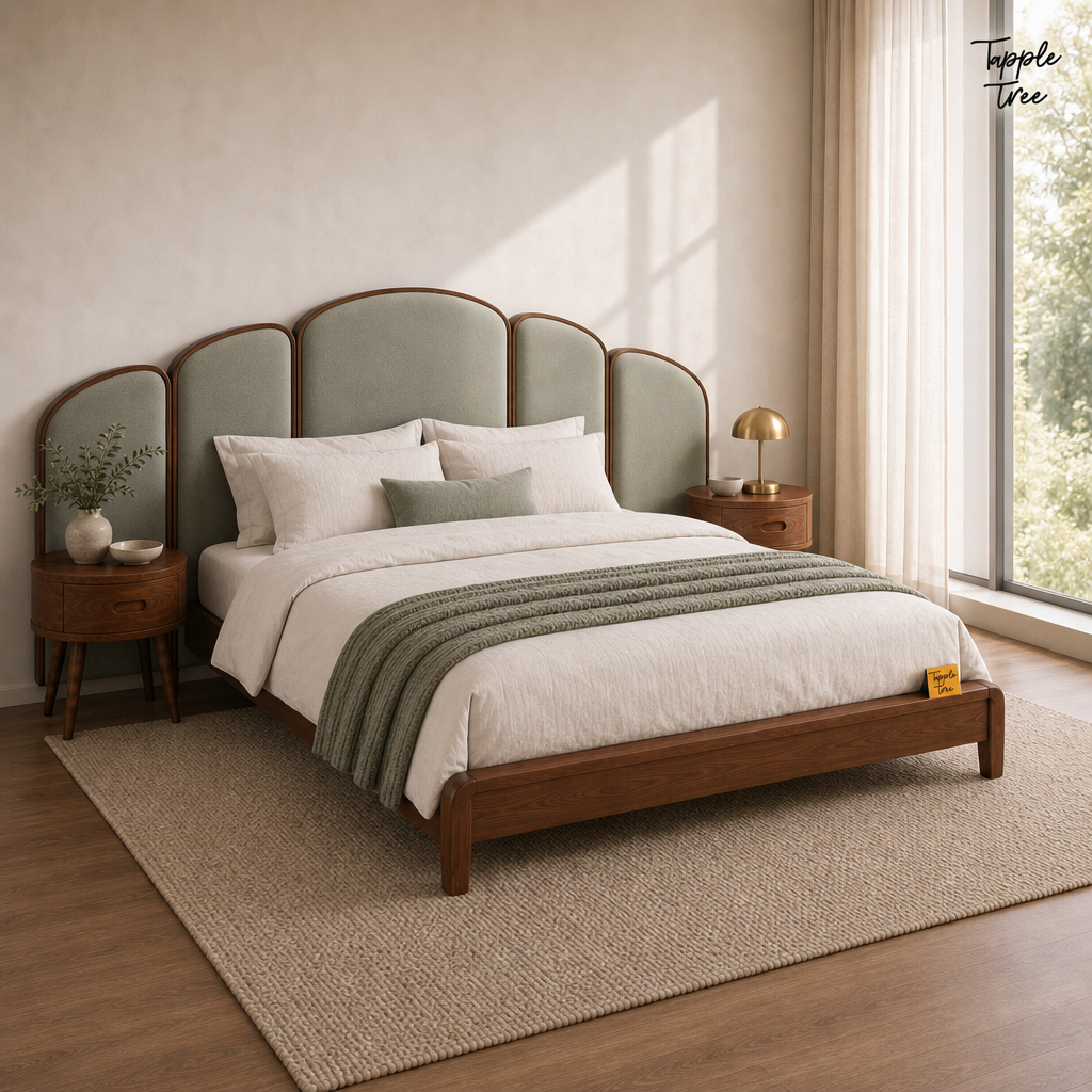Arc Panel Teak Bed with Nightstands, lifestyle opposite angle