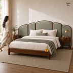 Arc Panel Teak Bed with Nightstands, lifestyle walking woman