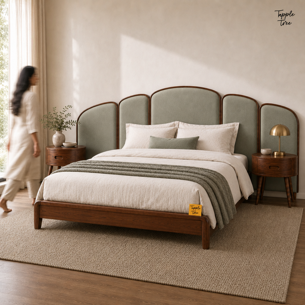 Arc Panel Teak Bed with Nightstands, lifestyle walking woman