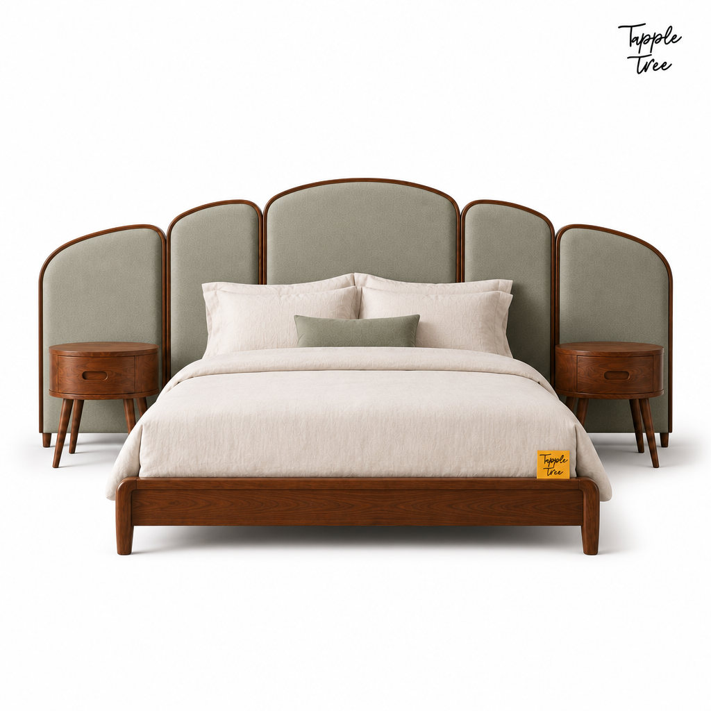 Arc Panel Teak Bed with Nightstands, white front