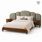 Arc Panel Teak Bed with Nightstands, white three quarter