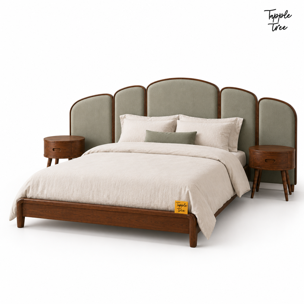 Arc Panel Teak Bed with Nightstands, white three quarter