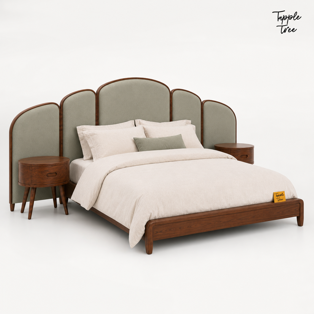 Arc Panel Teak Bed with Nightstands, white opposite angle