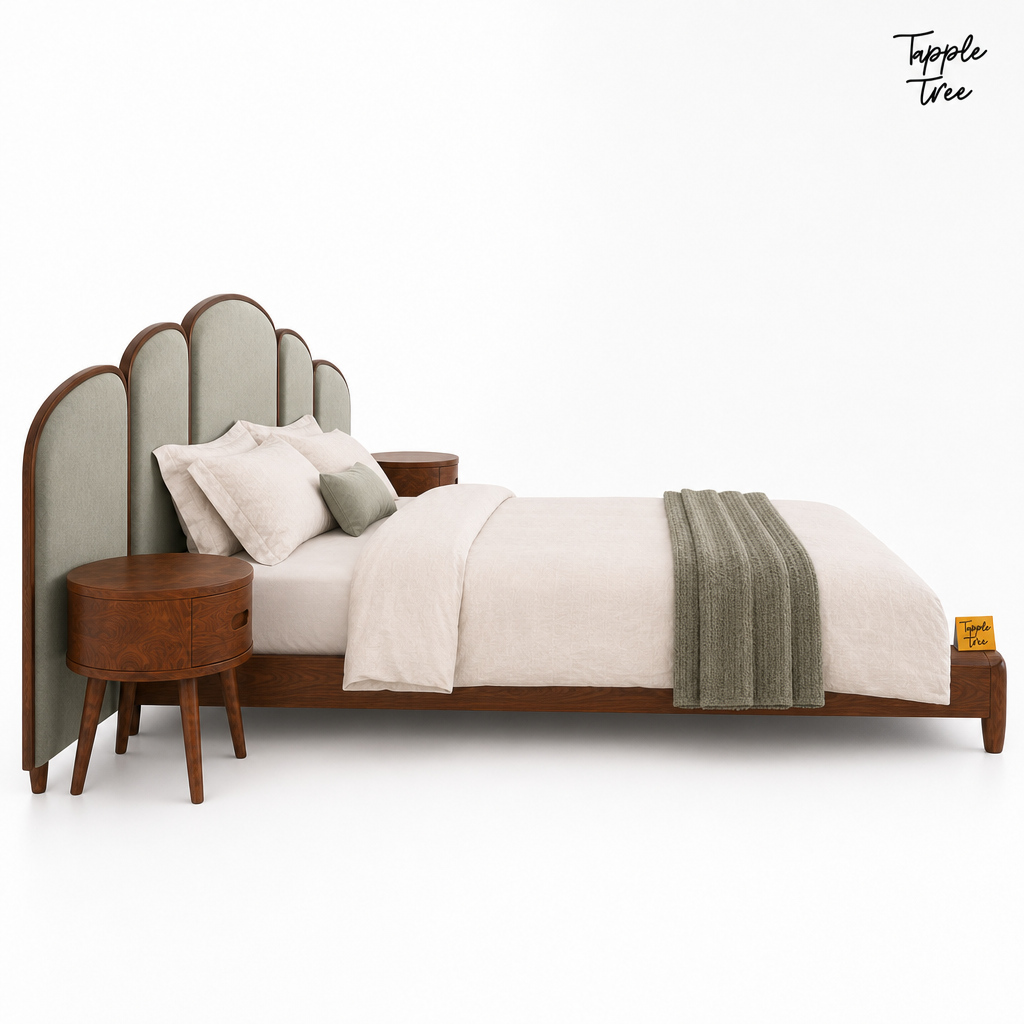 Arc Panel Teak Bed with Nightstands, white side profile