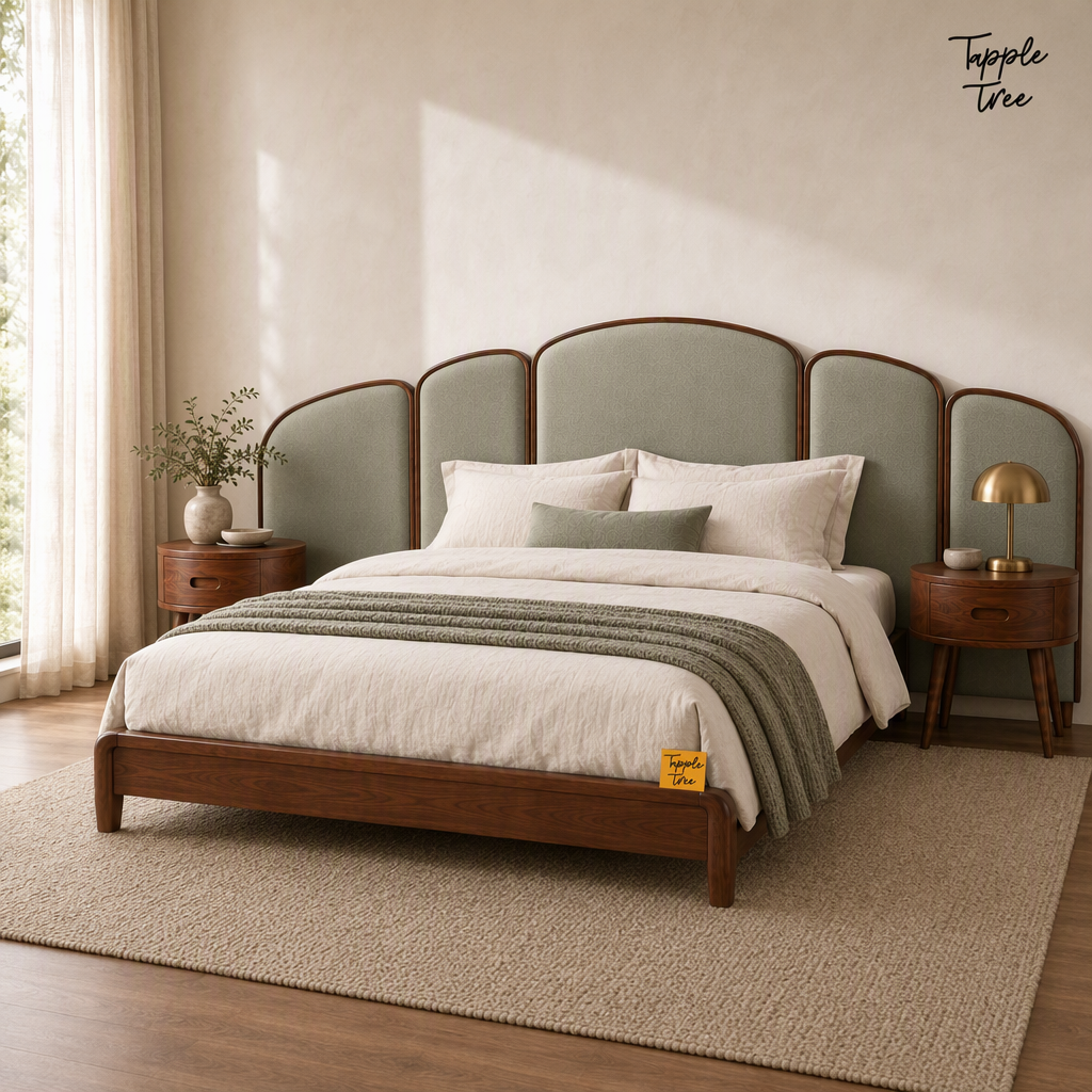 Arc Panel Teak Bed with Nightstands, lifestyle view with a removable Tapple Tree tag resting on the bed and a small corner logo