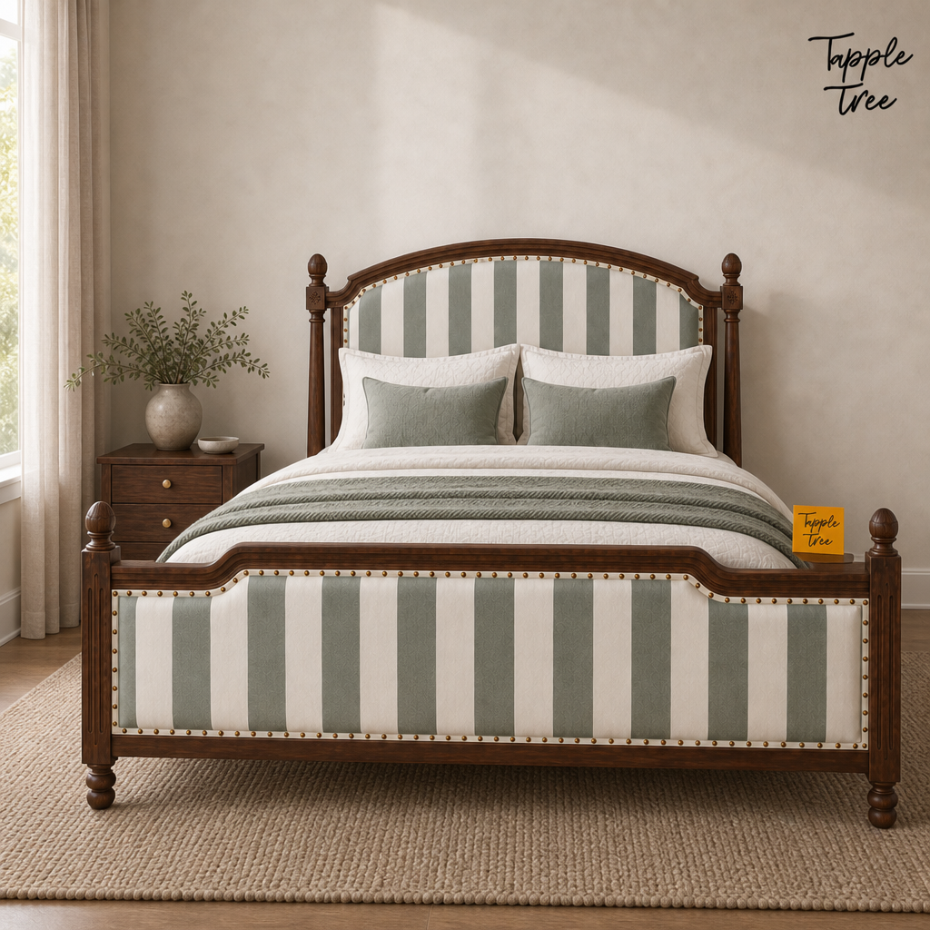 Sage Stripe Arched Teak Bed, lifestyle front