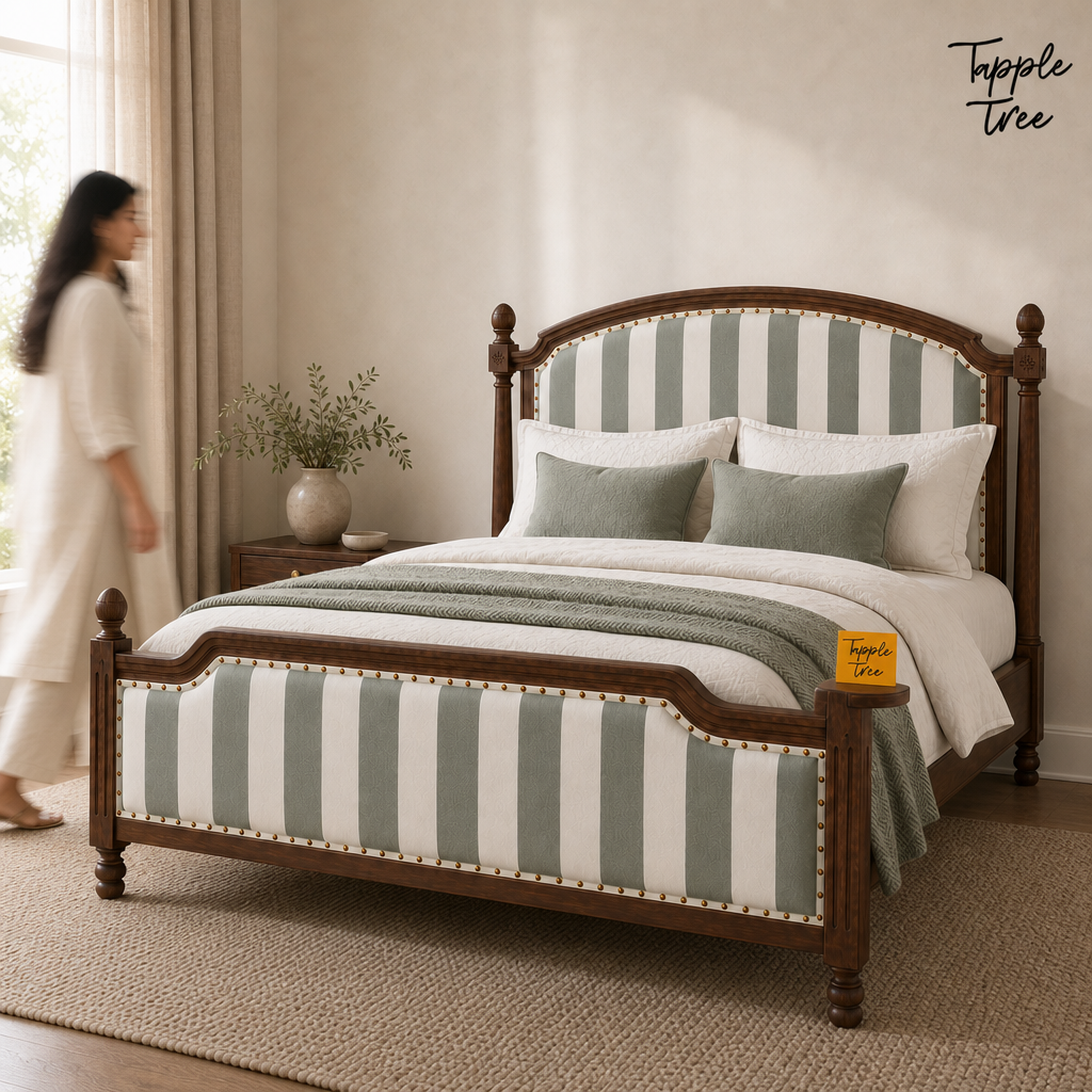 Sage Stripe Arched Teak Bed, lifestyle walking woman