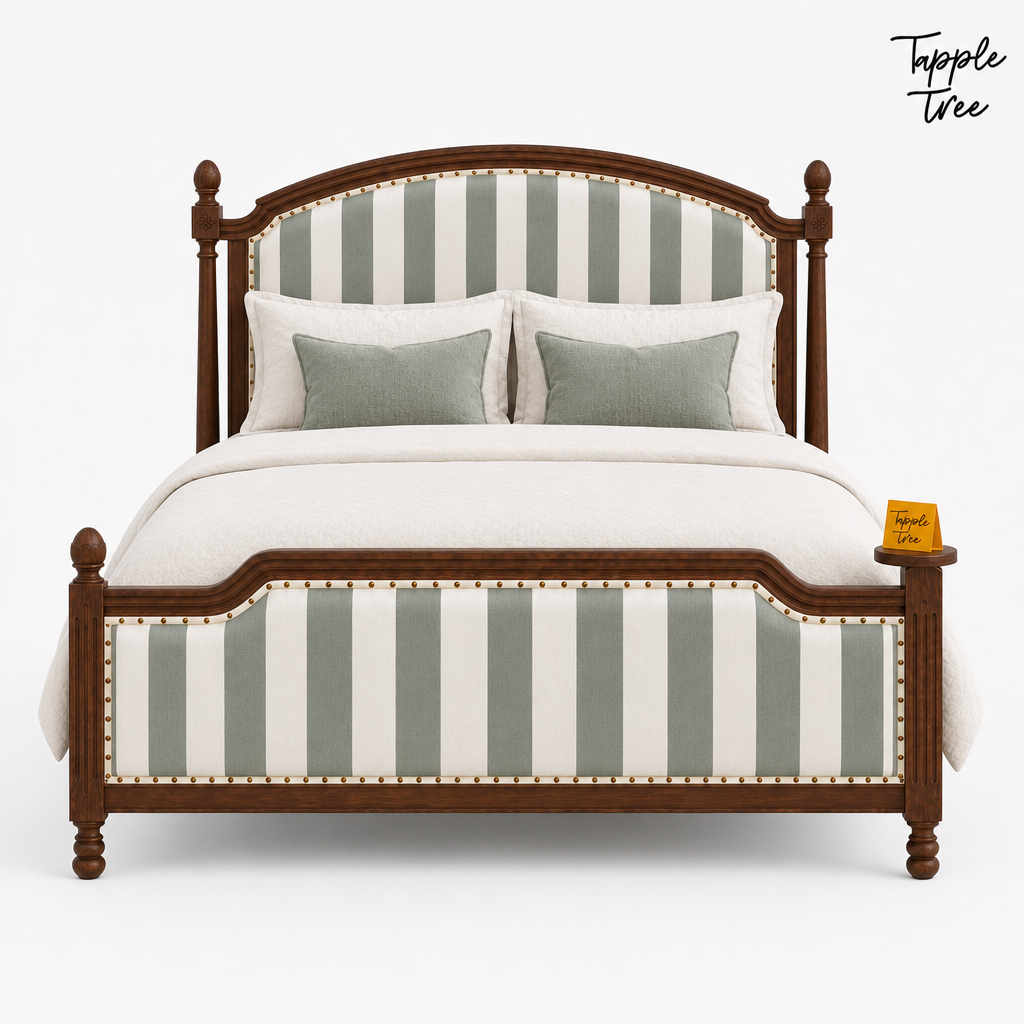 Sage Stripe Arched Teak Bed, white front