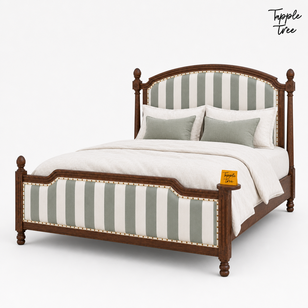 Sage Stripe Arched Teak Bed, white three quarter