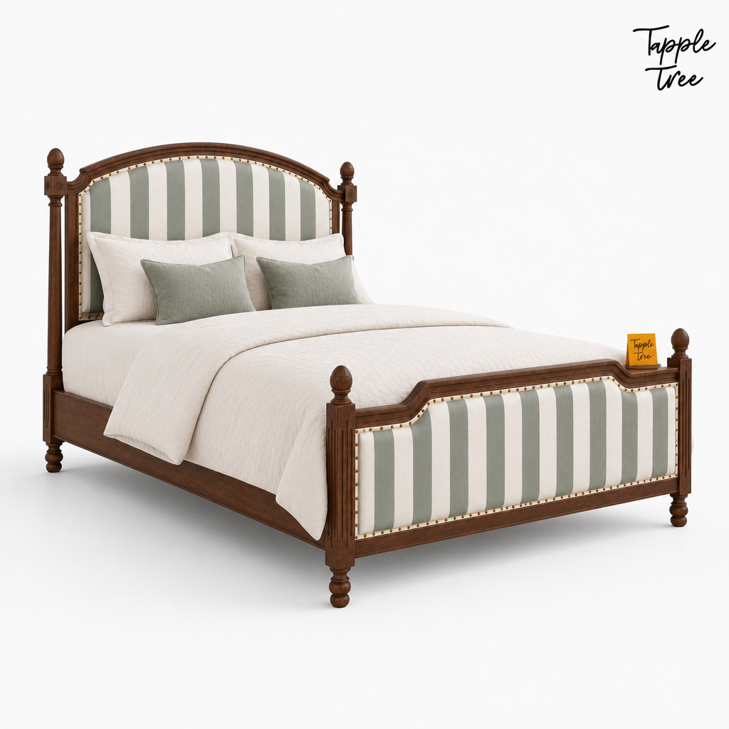 Sage Stripe Arched Teak Bed, white opposite angle