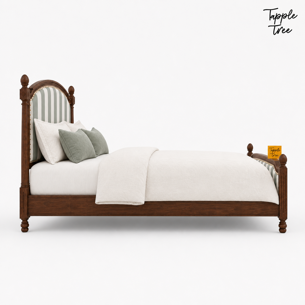 Sage Stripe Arched Teak Bed, white side profile