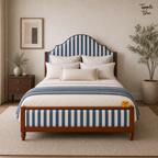 Indigo Stripe Scalloped Teak Bed, lifestyle front