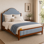 Indigo Stripe Scalloped Teak Bed, lifestyle opposite angle