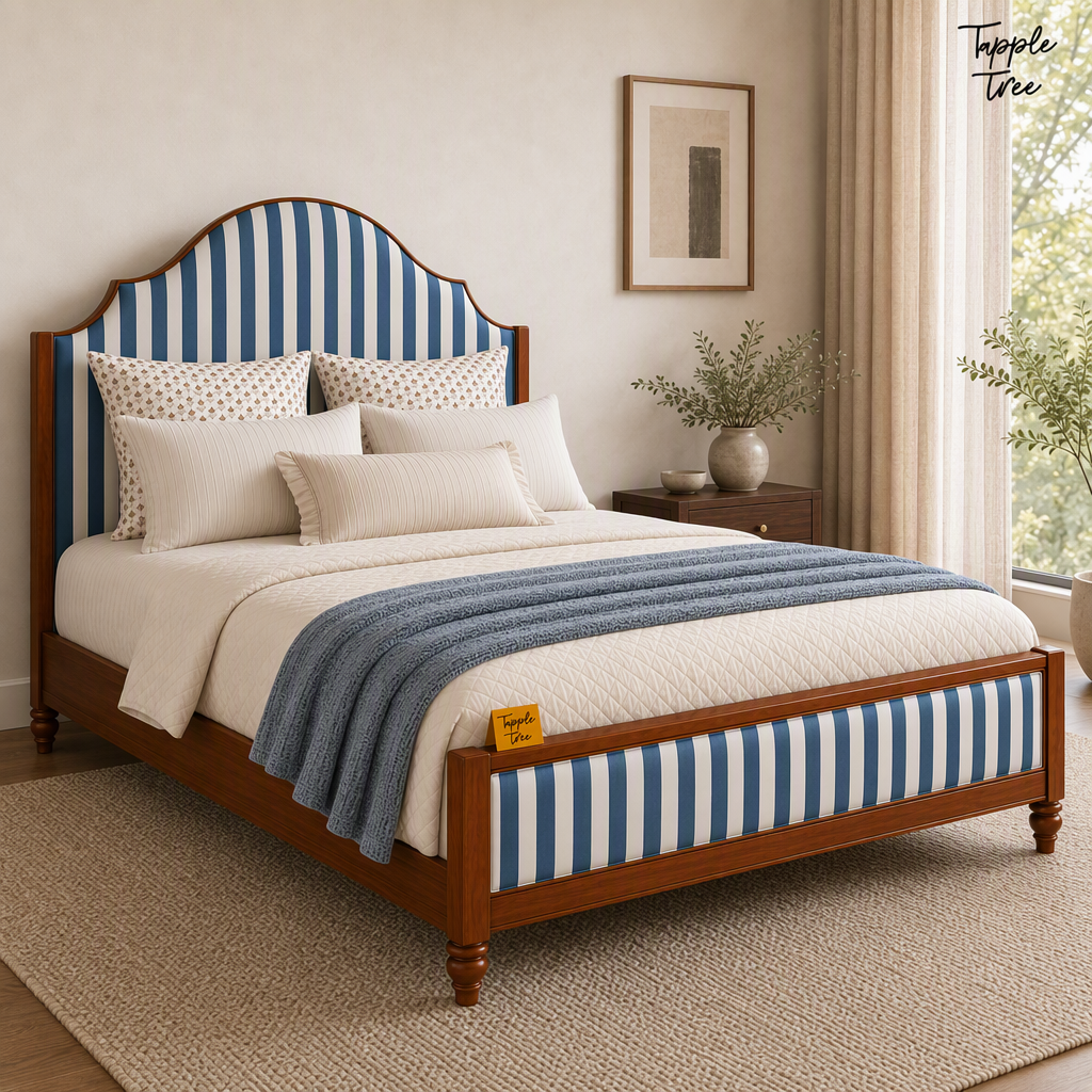 Indigo Stripe Scalloped Teak Bed, lifestyle opposite angle