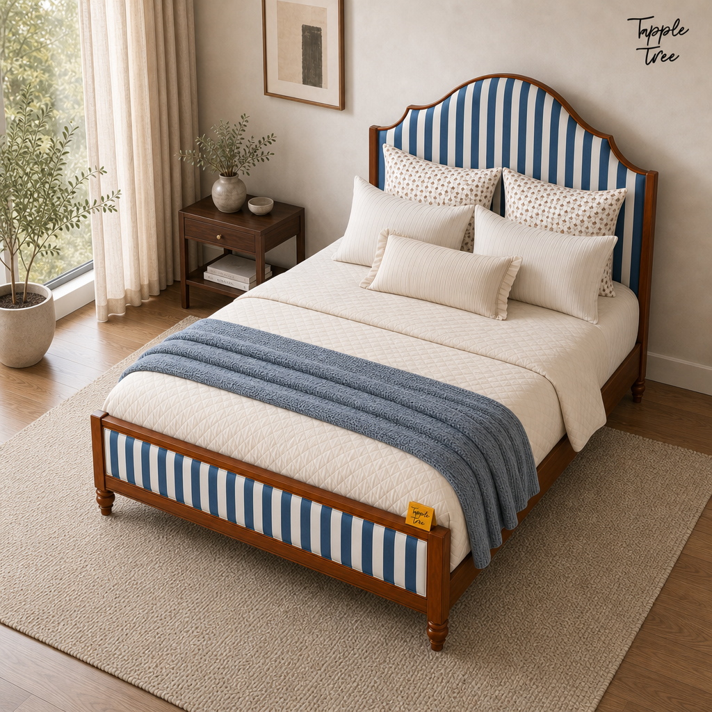 Indigo Stripe Scalloped Teak Bed, lifestyle elevated