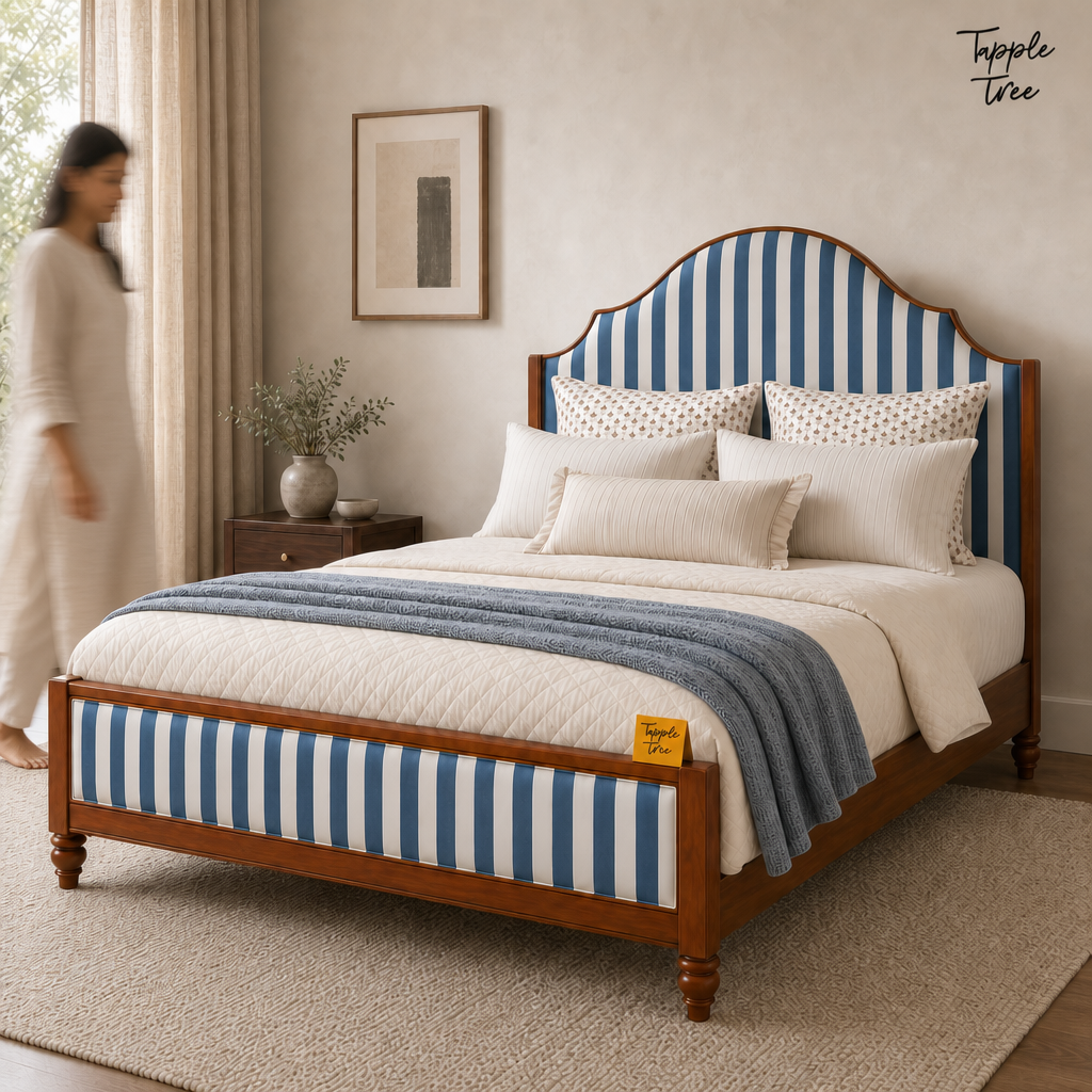 Indigo Stripe Scalloped Teak Bed, lifestyle walking woman