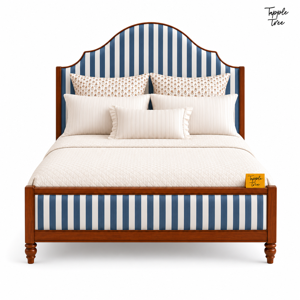 Indigo Stripe Scalloped Teak Bed, white front