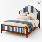 Indigo Stripe Scalloped Teak Bed, white three quarter