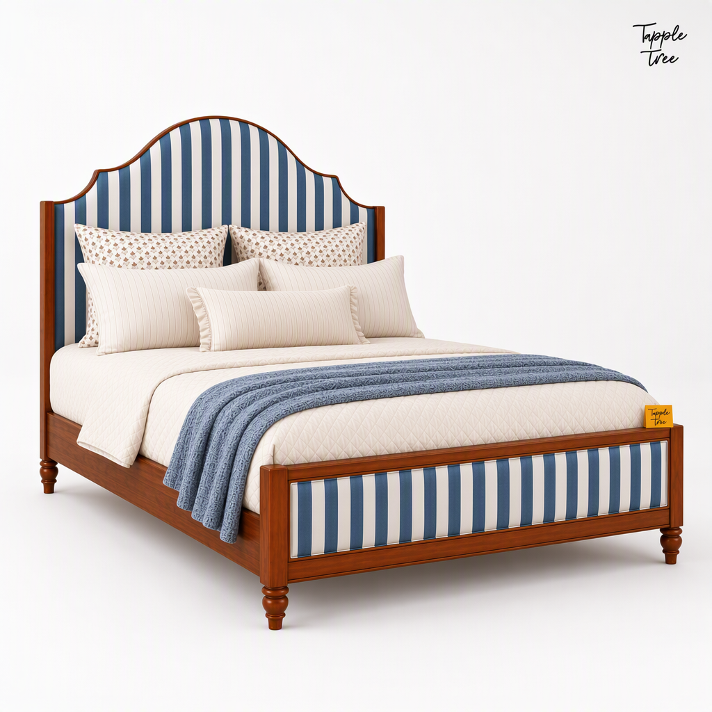 Indigo Stripe Scalloped Teak Bed, white opposite angle
