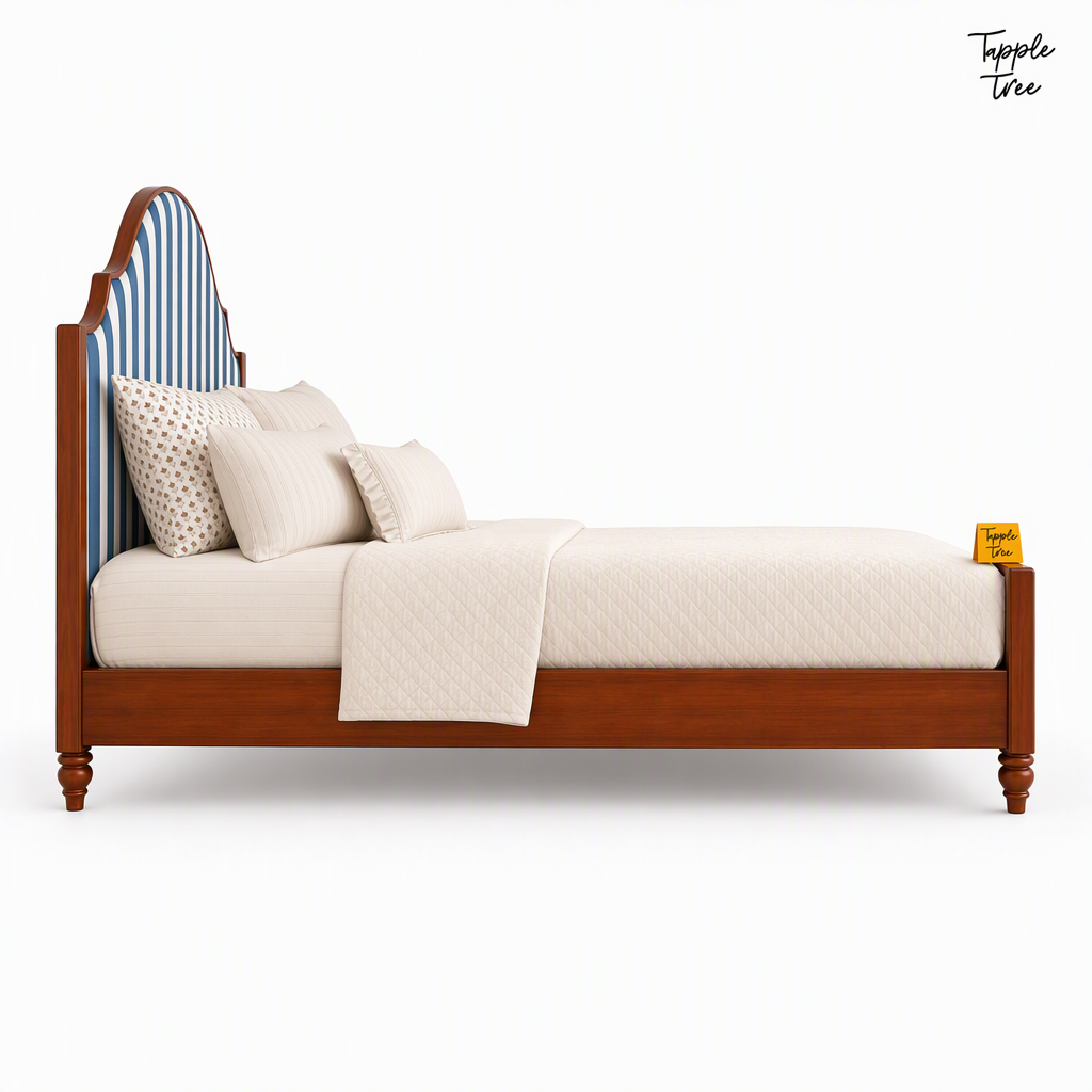 Indigo Stripe Scalloped Teak Bed, white side profile