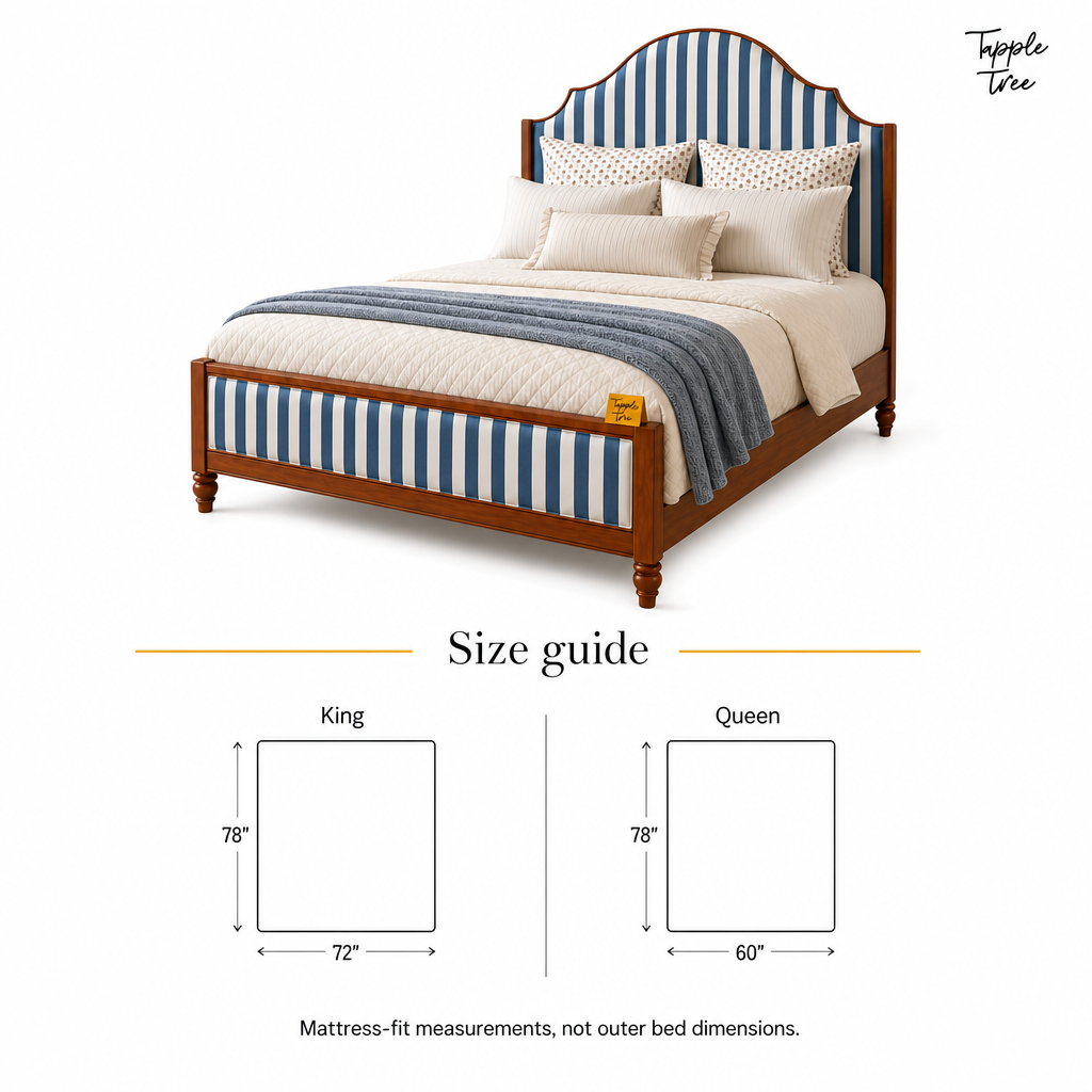 Indigo Stripe Scalloped Teak Bed, size guide
