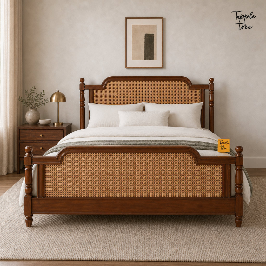 Heritage Cane Teak Bed, lifestyle front