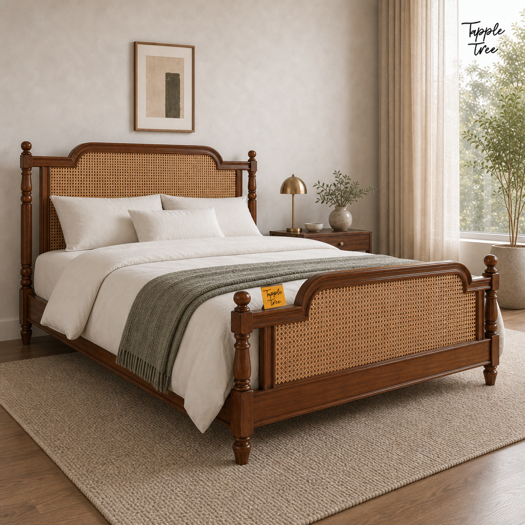 Heritage Cane Teak Bed, lifestyle opposite angle