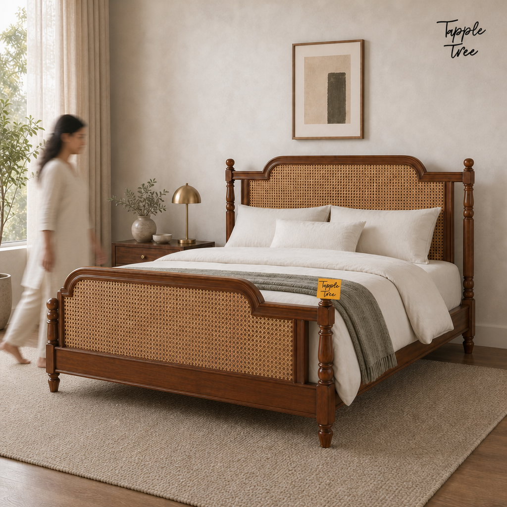 Heritage Cane Teak Bed, lifestyle walking woman
