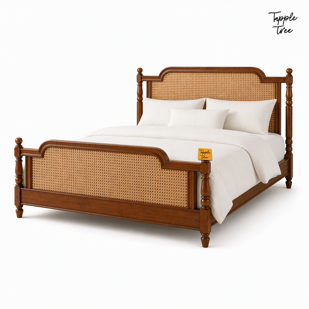 Heritage Cane Teak Bed, white three quarter