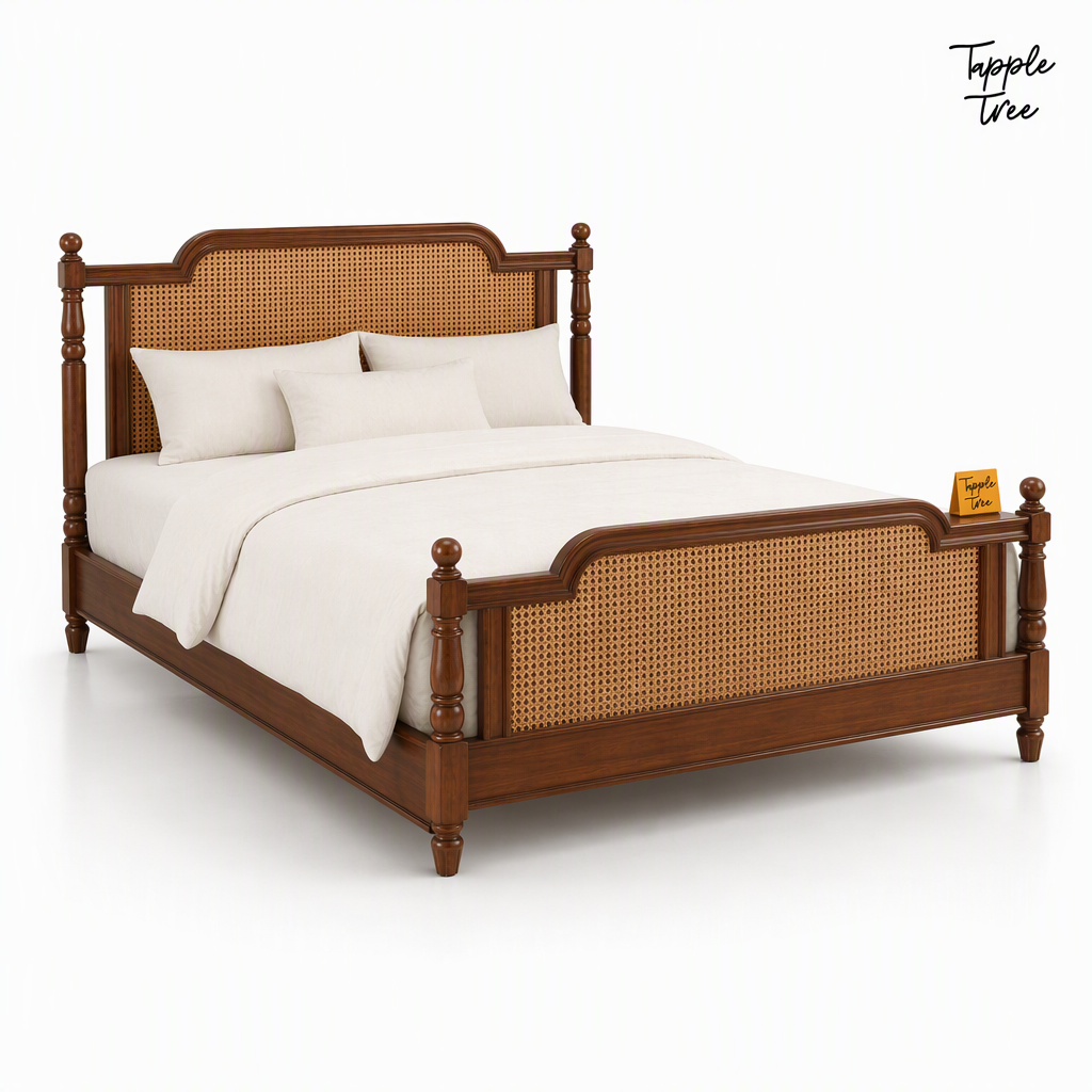 Heritage Cane Teak Bed, white opposite angle