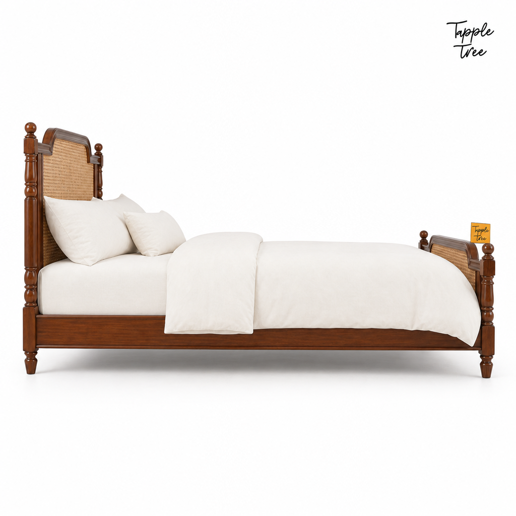 Heritage Cane Teak Bed, white side profile