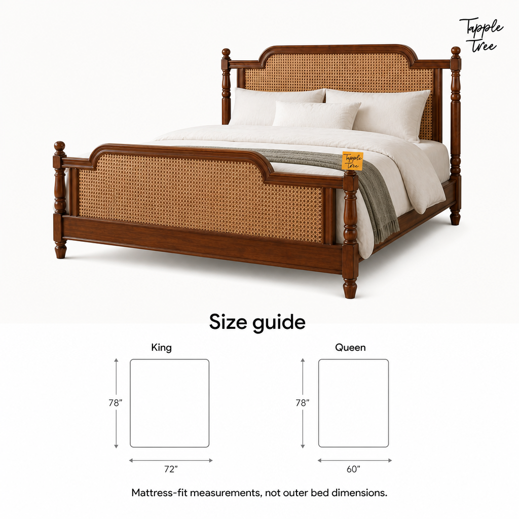 Heritage Cane Teak Bed, size guide