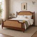 Heritage Cane Teak Bed, lifestyle view with a removable Tapple Tree tag resting on the bed and a small corner logo