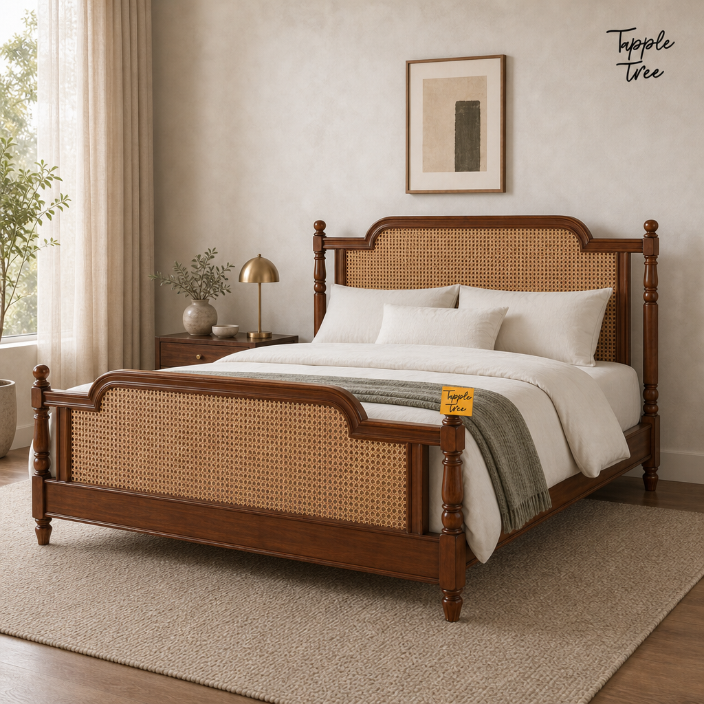 Heritage Cane Teak Bed, lifestyle view with a removable Tapple Tree tag resting on the bed and a small corner logo