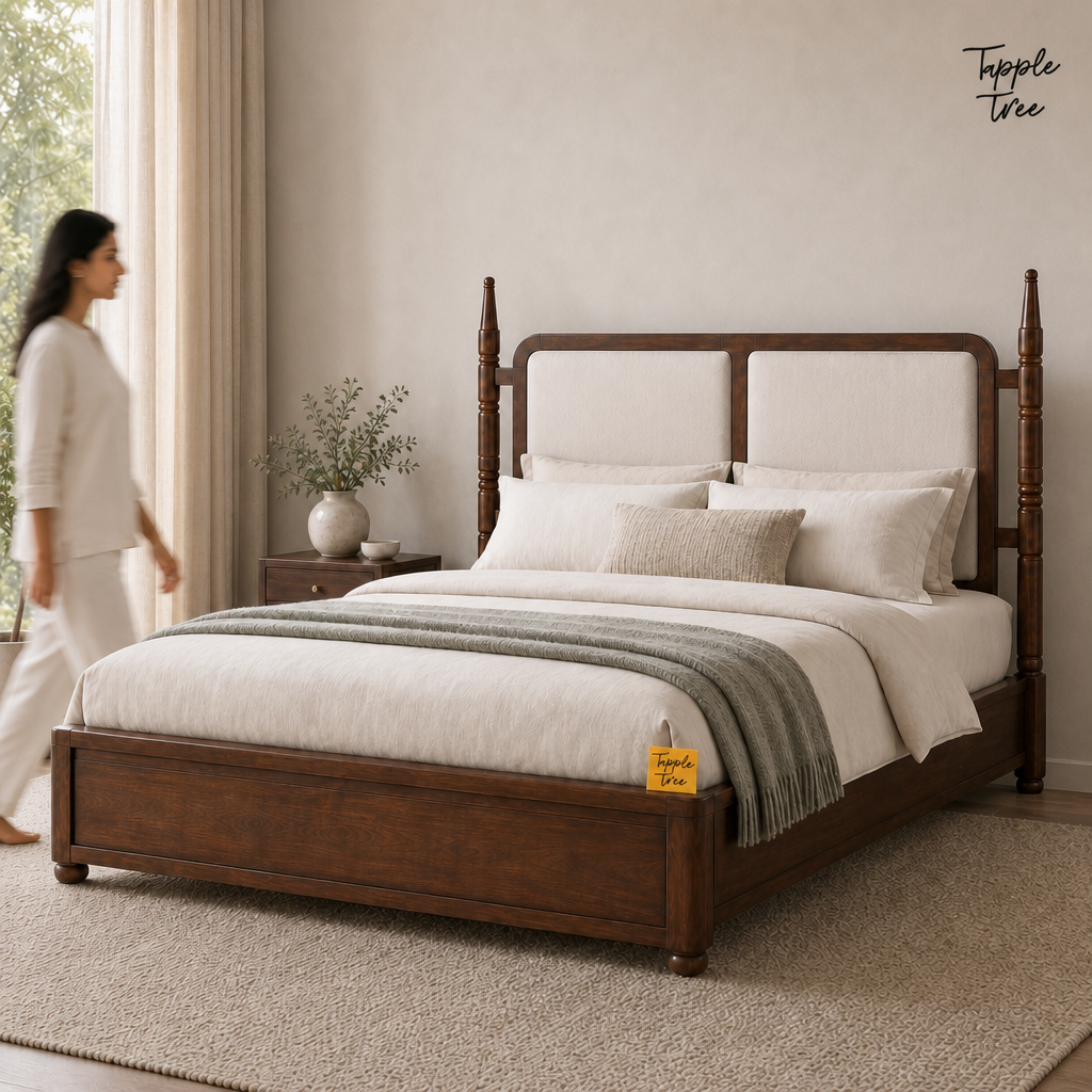 Ivory Panel Teak Storage Bed, lifestyle walking woman