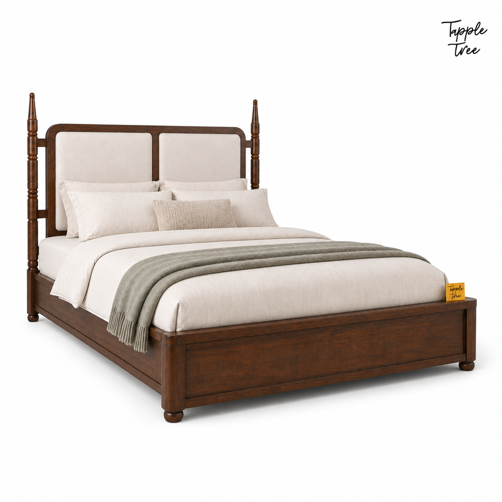 Ivory Panel Teak Storage Bed, white opposite angle