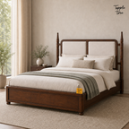 Ivory Panel Teak Storage Bed, lifestyle view with a removable Tapple Tree tag resting on the bed and a small corner logo