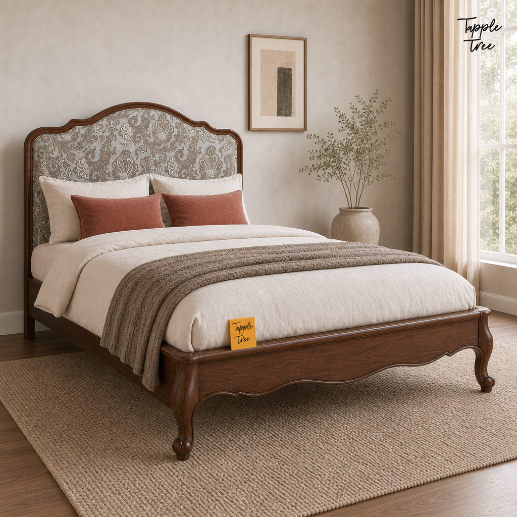 Paisley Curve Teak Bed, lifestyle opposite angle