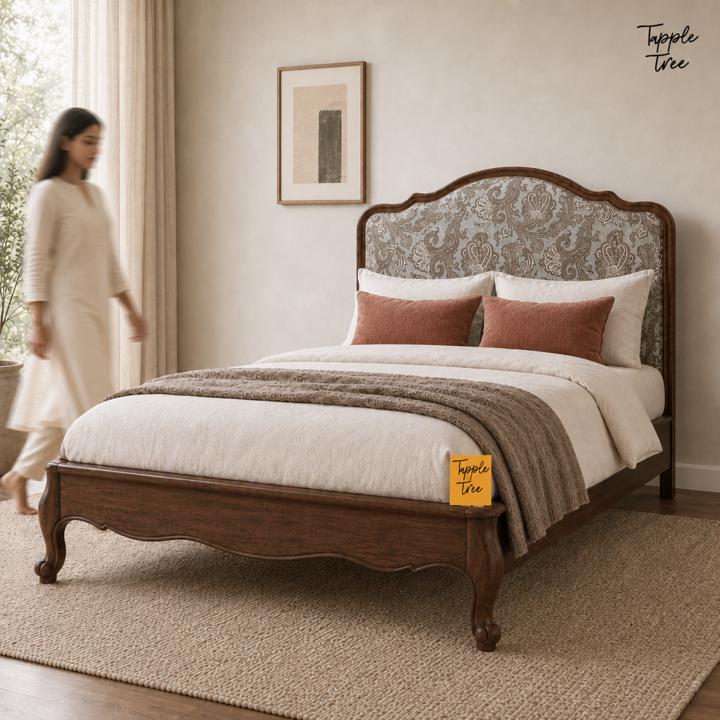 Paisley Curve Teak Bed, lifestyle walking woman