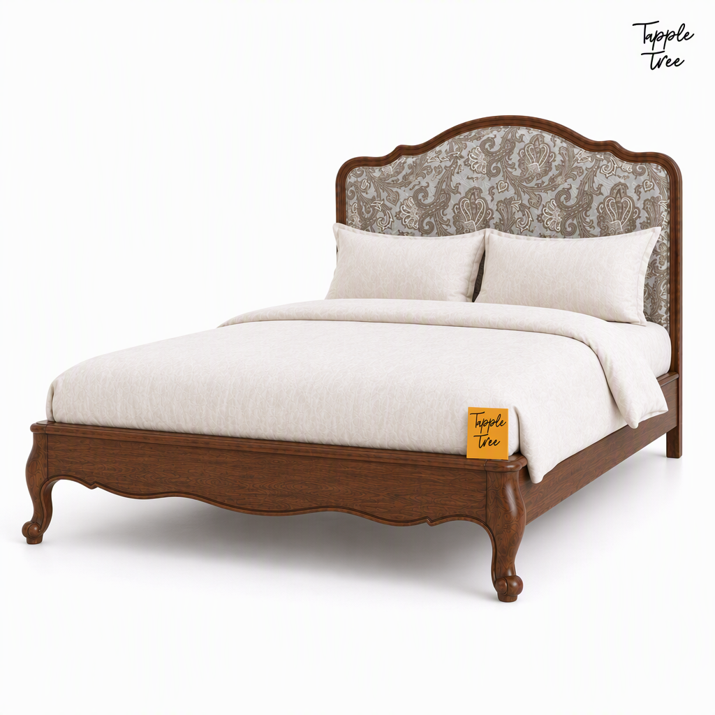 Paisley Curve Teak Bed, white three quarter