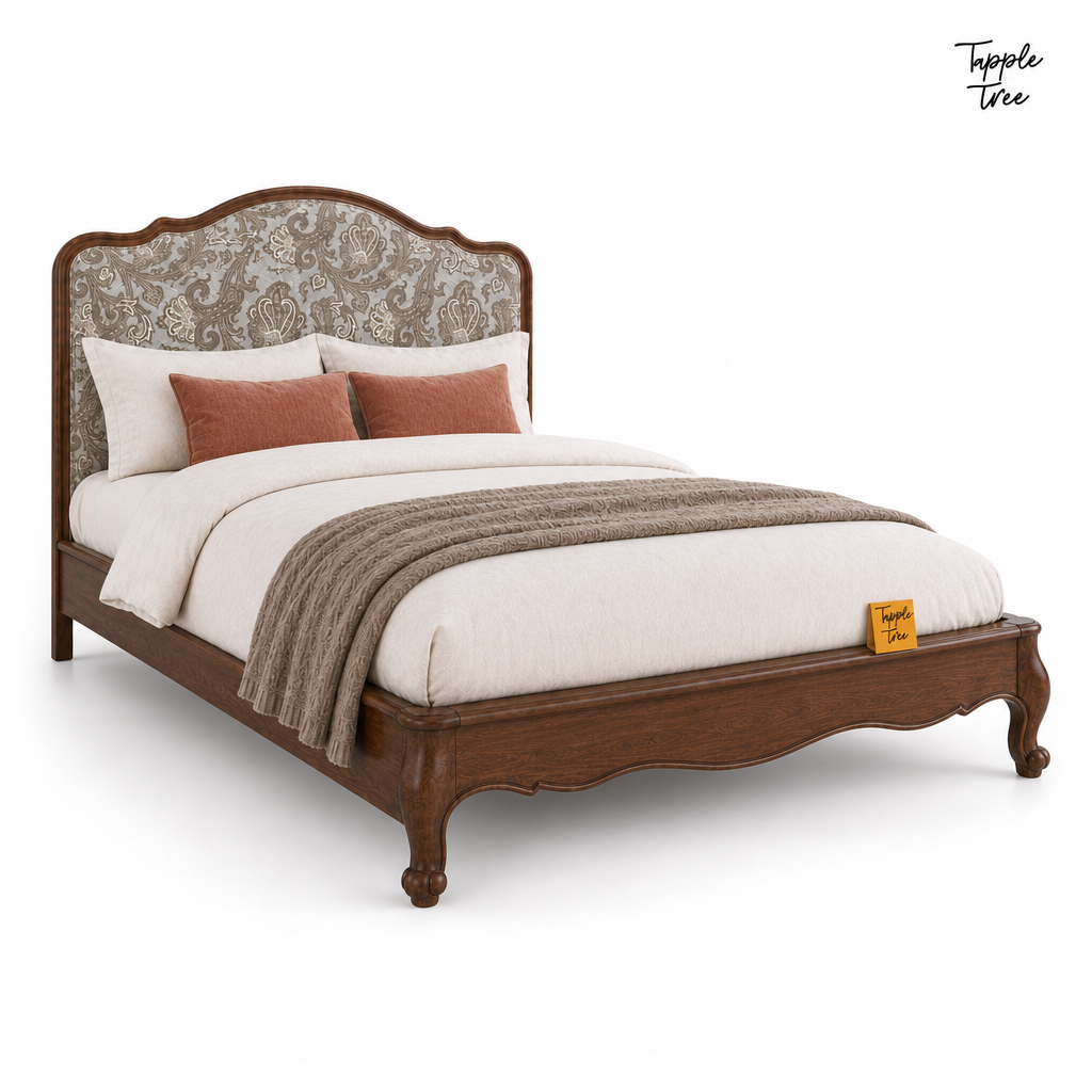Paisley Curve Teak Bed, white opposite angle