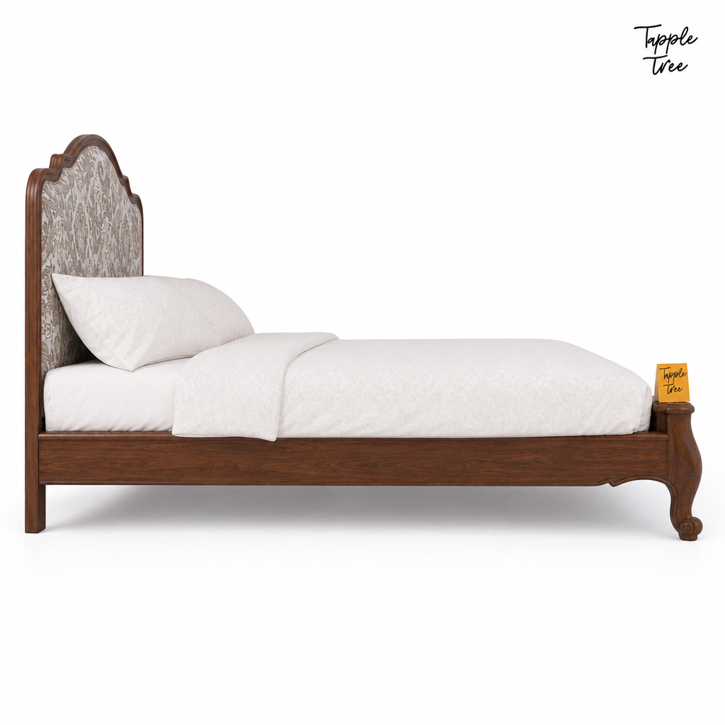 Paisley Curve Teak Bed, white side profile