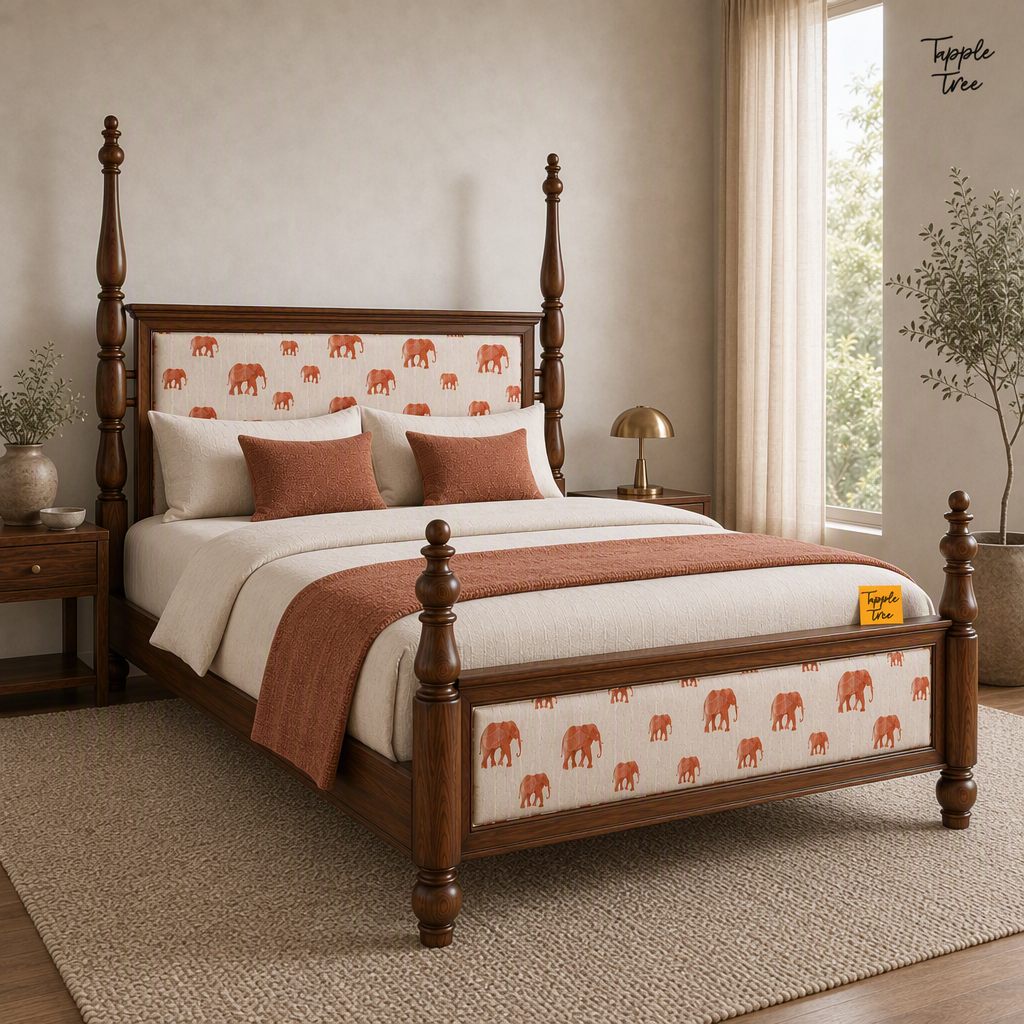 Elephant Motif Teak Poster Bed, lifestyle opposite angle