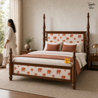 Elephant Motif Teak Poster Bed, lifestyle walking woman