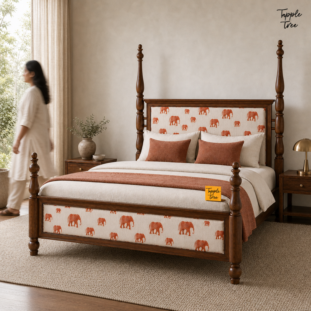 Elephant Motif Teak Poster Bed, lifestyle walking woman