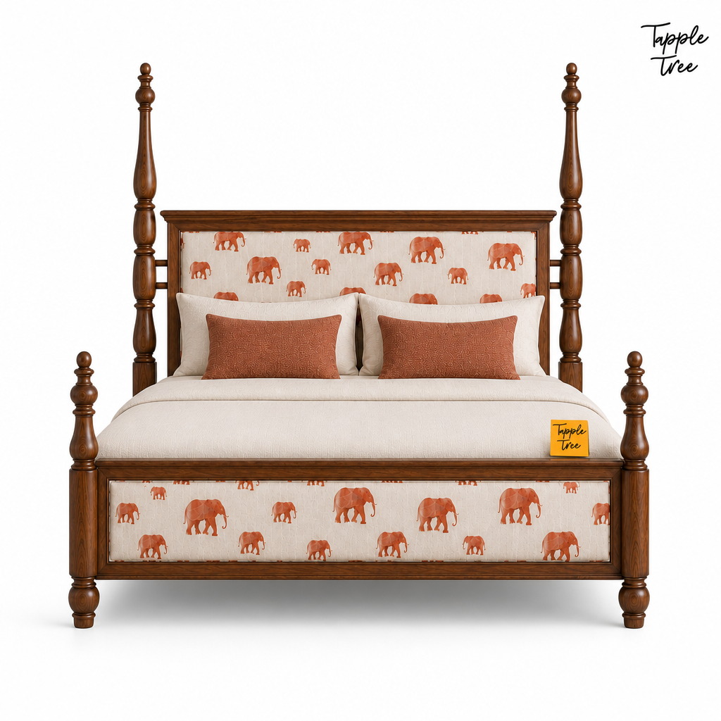 Elephant Motif Teak Poster Bed, white front