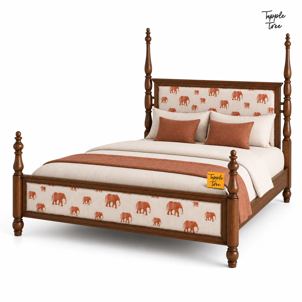 Elephant Motif Teak Poster Bed, white three quarter