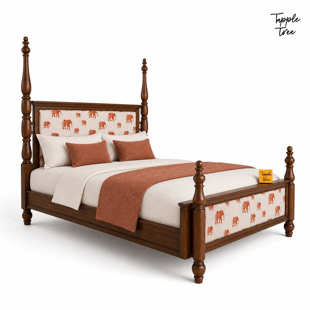 Elephant Motif Teak Poster Bed, white opposite angle